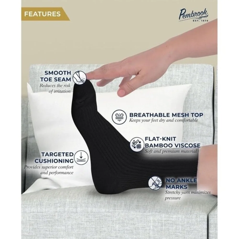 Pembrook‎ Bamboo Diabetic Socks  6 Pairs Crew Length  Sz Medium Black